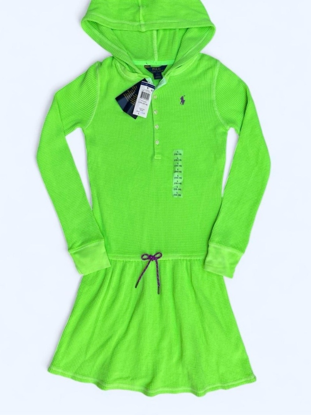 NWT Polo Ralph Lauren Waffle Knit Hoodie Dress in Neon Green Preppy Spring L